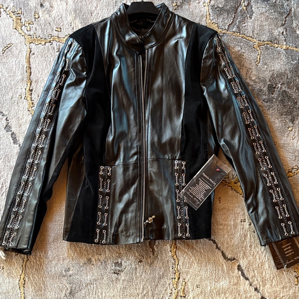 Pamela McCoy Black and Silver Leather Jacket